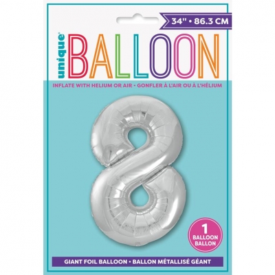 SILVER NUMBER 8 SHAPED FOIL BALLOON 34"