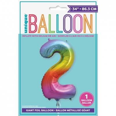 RAINBOW NUMBER 2 SHAPED FOIL BALLOON 34"