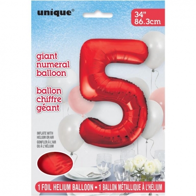 RED NUMBER 5 SHAPED FOIL BALLOON 34"