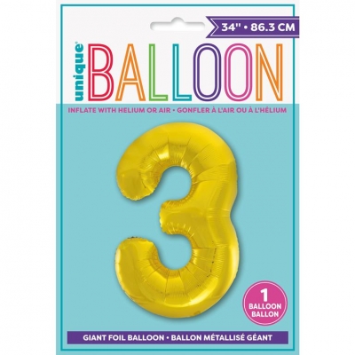 GOLD NUMBER 3 SHAPED FOIL BALLOON 34"