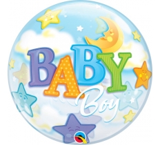 QUALATEX BABY BOY MOON & STARS 22" SINGLE BUBBLE BALLOON