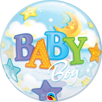 QUALATEX BABY BOY MOON & STARS 22" SINGLE BUBBLE BALLOON