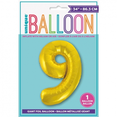 GOLD NUMBER 9 SHAPED FOIL BALLOON 34"