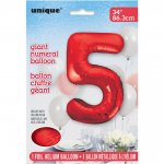 RED NUMBER 5 SHAPED FOIL BALLOON 34"