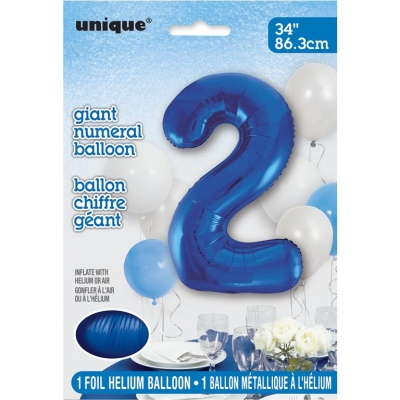 BLUE NUMBER 2 SHAPED FOIL BALLOON 34"