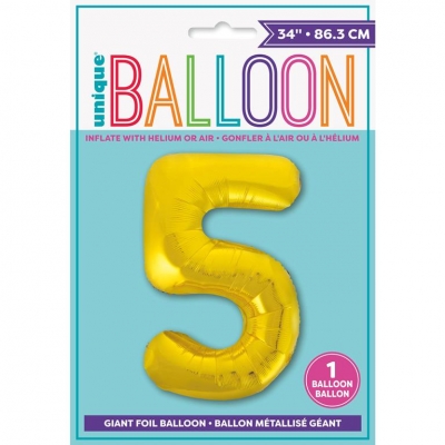 GOLD NUMBER 5 SHAPED FOIL BALLOON 34"