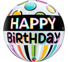 QUALATEX 22" BLACK BAND AND DOTS BIRTHDAY BALLOON