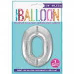 SILVER NUMBER 0 SHAPED FOIL BALLOON 34"