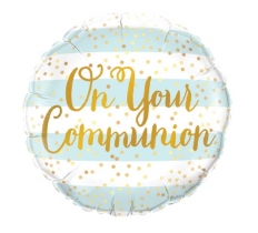 18" ROUND FOIL ON YOUR COMMUNION BLUE STRIPES