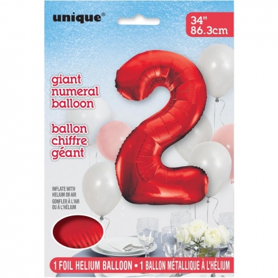 RED NUMBER 2 SHAPED FOIL BALLOON 34"