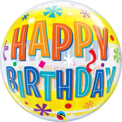 QUALATEX 22" BIRTHDAY FUN & YELLOW BAND SINGLE BUBBLE