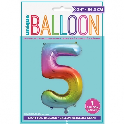 RAINBOW NUMBER 5 SHAPED FOIL BALLOON 34"