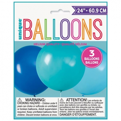 BLUE & TEAL GIANT LATEX BALLOONS 24" 3 PACK