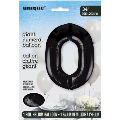 BLACK NUMBER 0 SHAPED FOIL BALLOON 34"