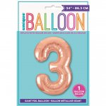 ROSE GOLD NUMBER 3 SHAPED FOIL BALLOON 34"