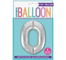 SILVER NUMBER 0 SHAPED FOIL BALLOON 34"