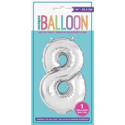 SILVER NUMBER 8 SHAPED FOIL BALLOON 14"