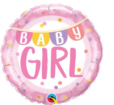 QUALATEX 18" BABY GIRL BANNER & DOTS ROUND