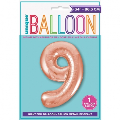 ROSE GOLD NUMBER 9 SHAPED FOIL BALLOON 34"