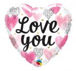 QUALATEX 18" HEART LOVE YOU PINK WATERCOLOR HEARTS BALLOON