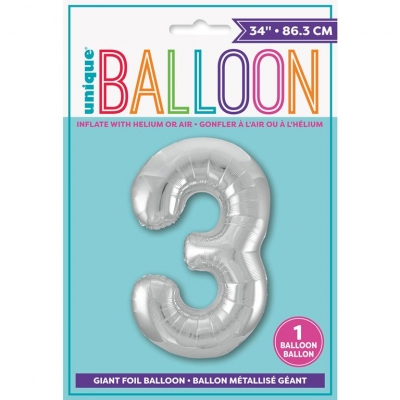 SILVER NUMBER 3 SHAPED FOIL BALLOON 34"