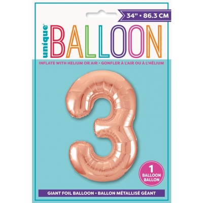 ROSE GOLD NUMBER 3 SHAPED FOIL BALLOON 34"