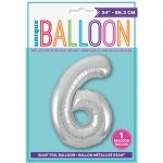 SILVER NUMBER 6 SHAPED FOIL BALLOON 34"