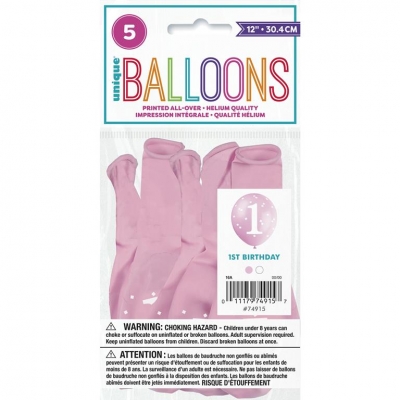 PINK GINGHAM 1ST BIRTHDAY 12" LATEX BALLOONS 5 PACK