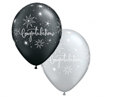 11" ROUND LATEX BALLOONS BLACK & SILVER CONGRATULATIONS 25PK