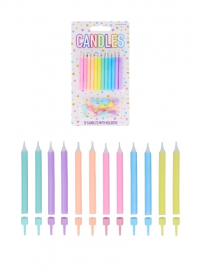 Pack Pastel Party Candles with 12 Holders (6cm)