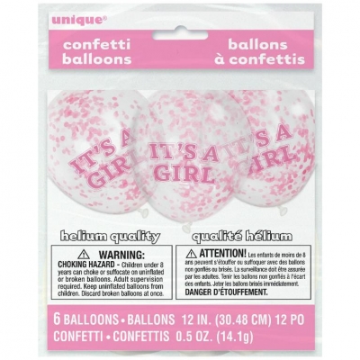 GIRL CLEAR LATEX BALLOONS WITH PINK CONFETTI 12" 6 PACK