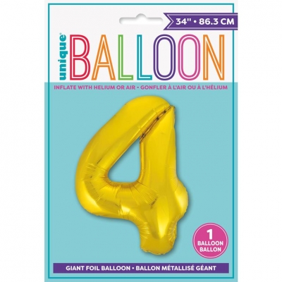 GOLD NUMBER 4 SHAPED FOIL BALLOON 34"