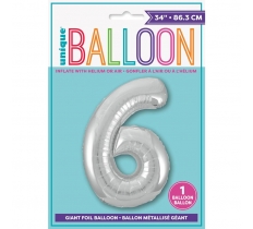 SILVER NUMBER 6 SHAPED FOIL BALLOON 34"