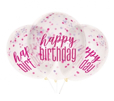 12" GLITZ HAPPY BIRTHDAY BALLOONS PINK & SILVER 6 PACK