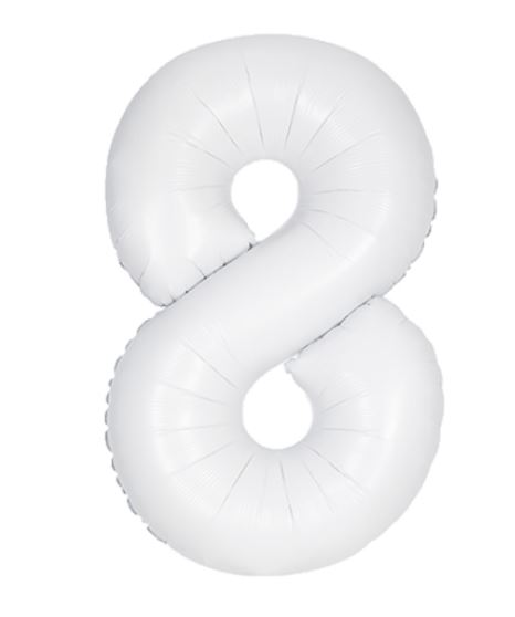 34" UNIQUE MATTE WHITE NUMBER 8 FOIL BALLOON - Click Image to Close