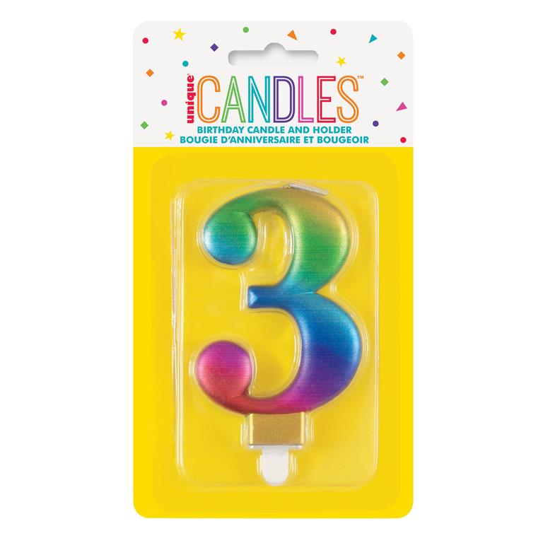 METALLIC RAINBOW NUMBER 3 BIRTHDAY CANDLE - Click Image to Close