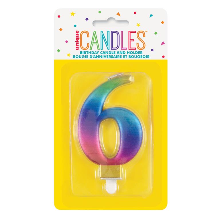 METALLIC RAINBOW NUMBER 6 BIRTHDAY CANDLE - Click Image to Close