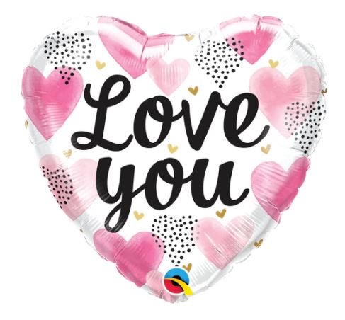 QUALATEX 18" HEART LOVE YOU PINK WATERCOLOR HEARTS BALLOON - Click Image to Close