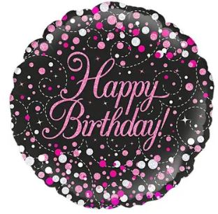 18" SPARKLING FIZZ BIRTHDAY BLACK & PINK HOLOGRAPHIC