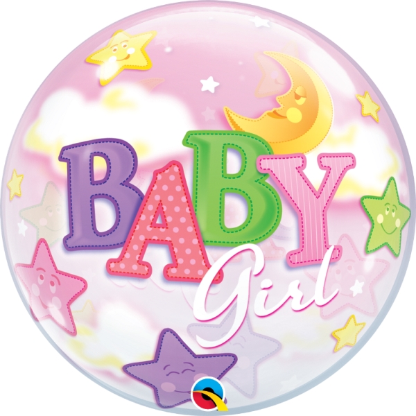 QUALATEX 22" BABY GIRL MOON & STARS SINGLE BUBBLE BALLOON - Click Image to Close