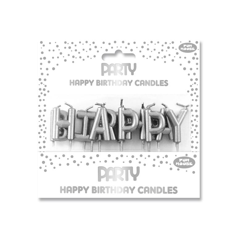 Happy Birthday Silver Metallic Candles - Click Image to Close