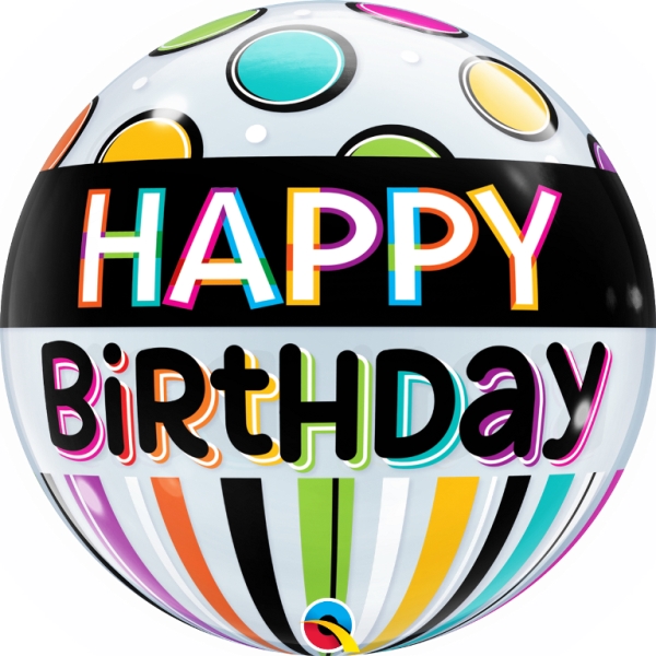QUALATEX 22" BLACK BAND AND DOTS BIRTHDAY BALLOON - Click Image to Close