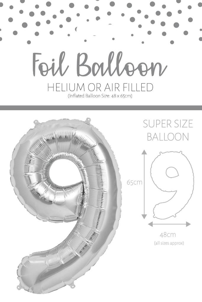 25" NUMBER 9 SILVER FOIL BALLOON - Click Image to Close