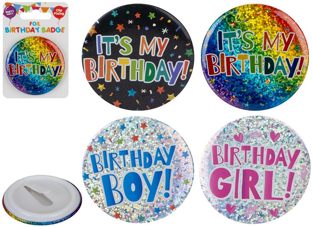 Party Party 2" Foil Badge 4 Assorted - Click Image to Close