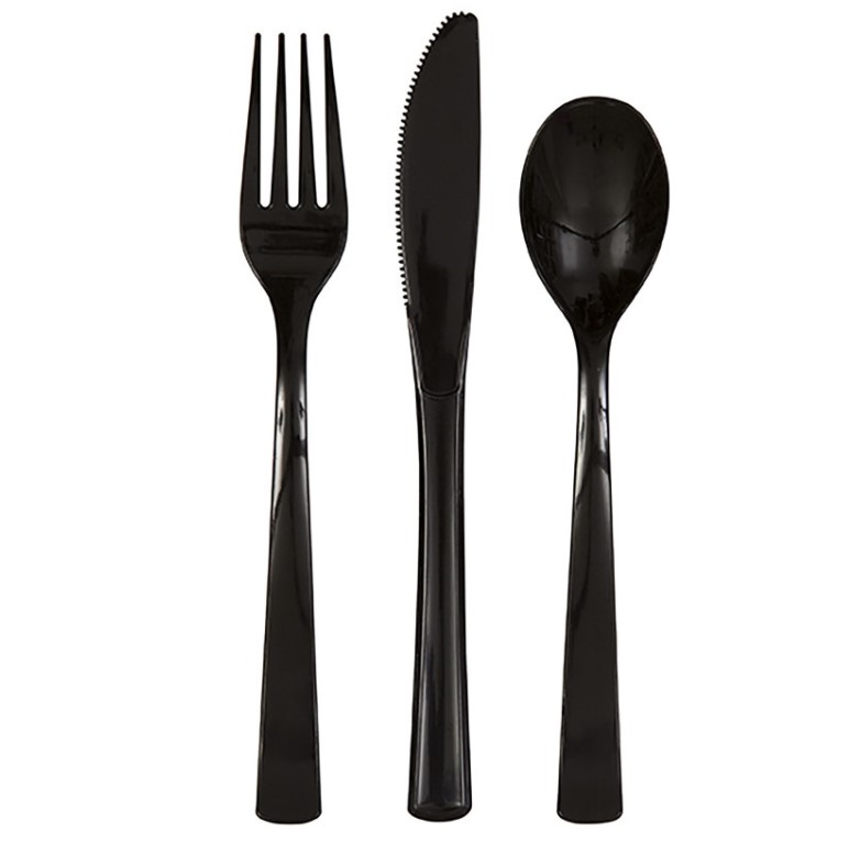 Black Solid Assorted Plastic Cutlery 18PC - Click Image to Close