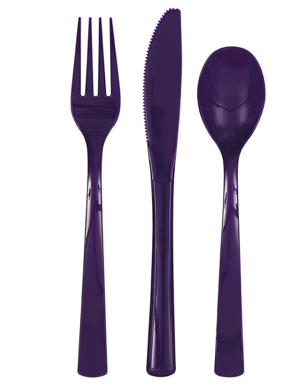 Deep Purple Solid Assorted Plastic Cutlery 18ct - Click Image to Close