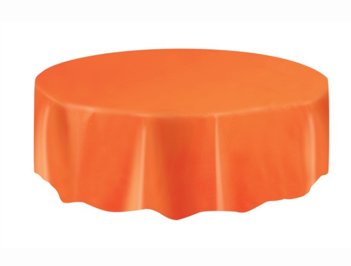 Orange Solid Round Plastic Table Cover 84" - Click Image to Close