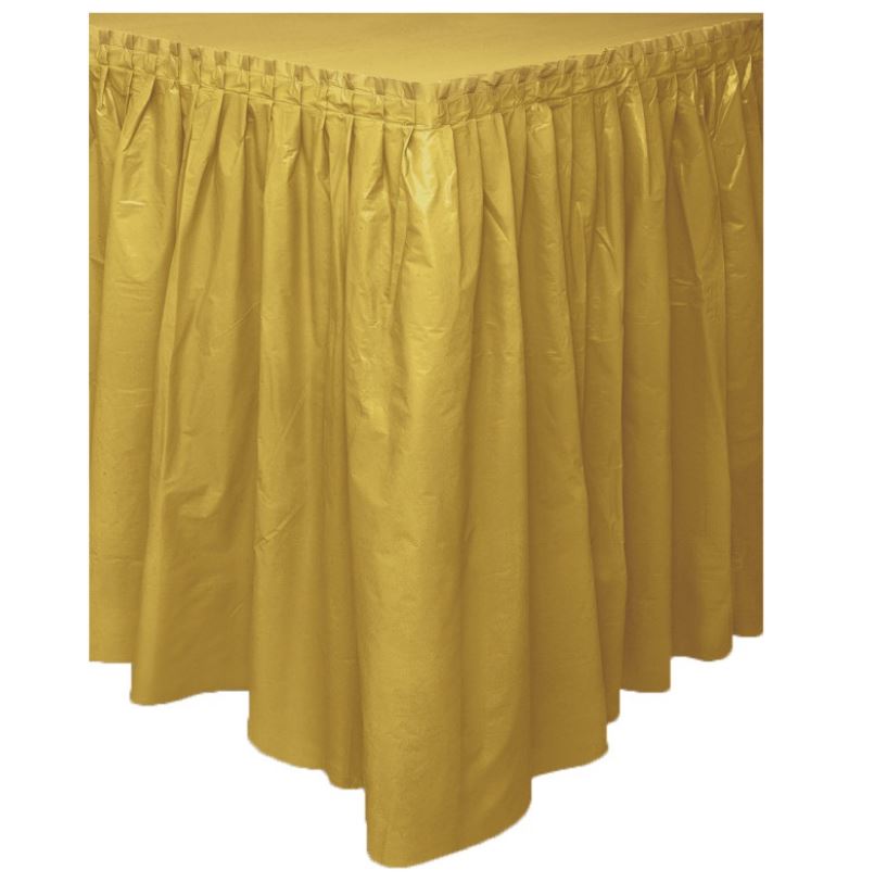 GOLD SOLID PLASTIC TABLE SKIRT 29"X14FT - Click Image to Close