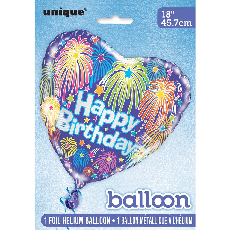 Heart Birthday Fireworks Round Foil Balloon 18" - Click Image to Close