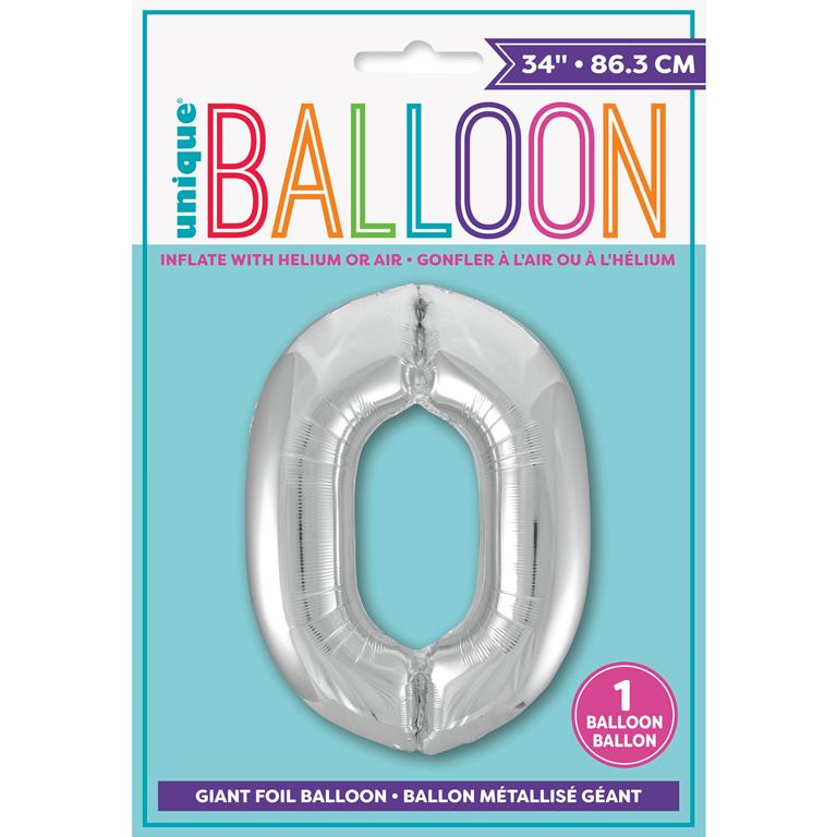 SILVER NUMBER 0 SHAPED FOIL BALLOON 34" - Click Image to Close